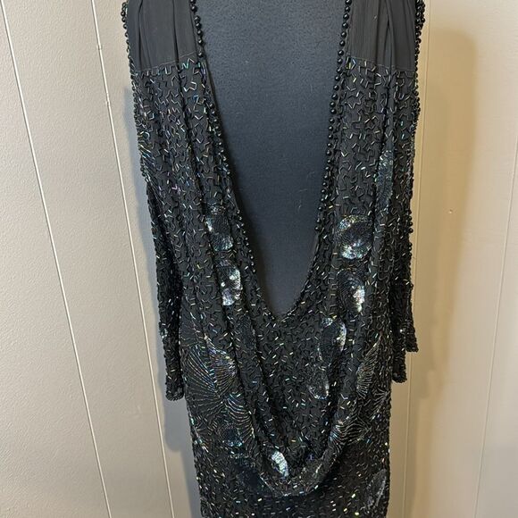 Stunning vintage beaded sequin black plung draped back neckline panel hem midi - Picture 7 of 13